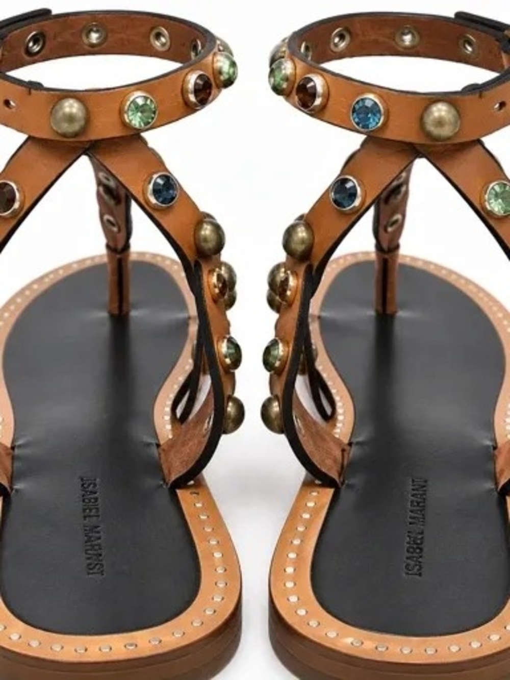Isabel Marant Tan Leather Jeweled Ankle-Strap Sandals